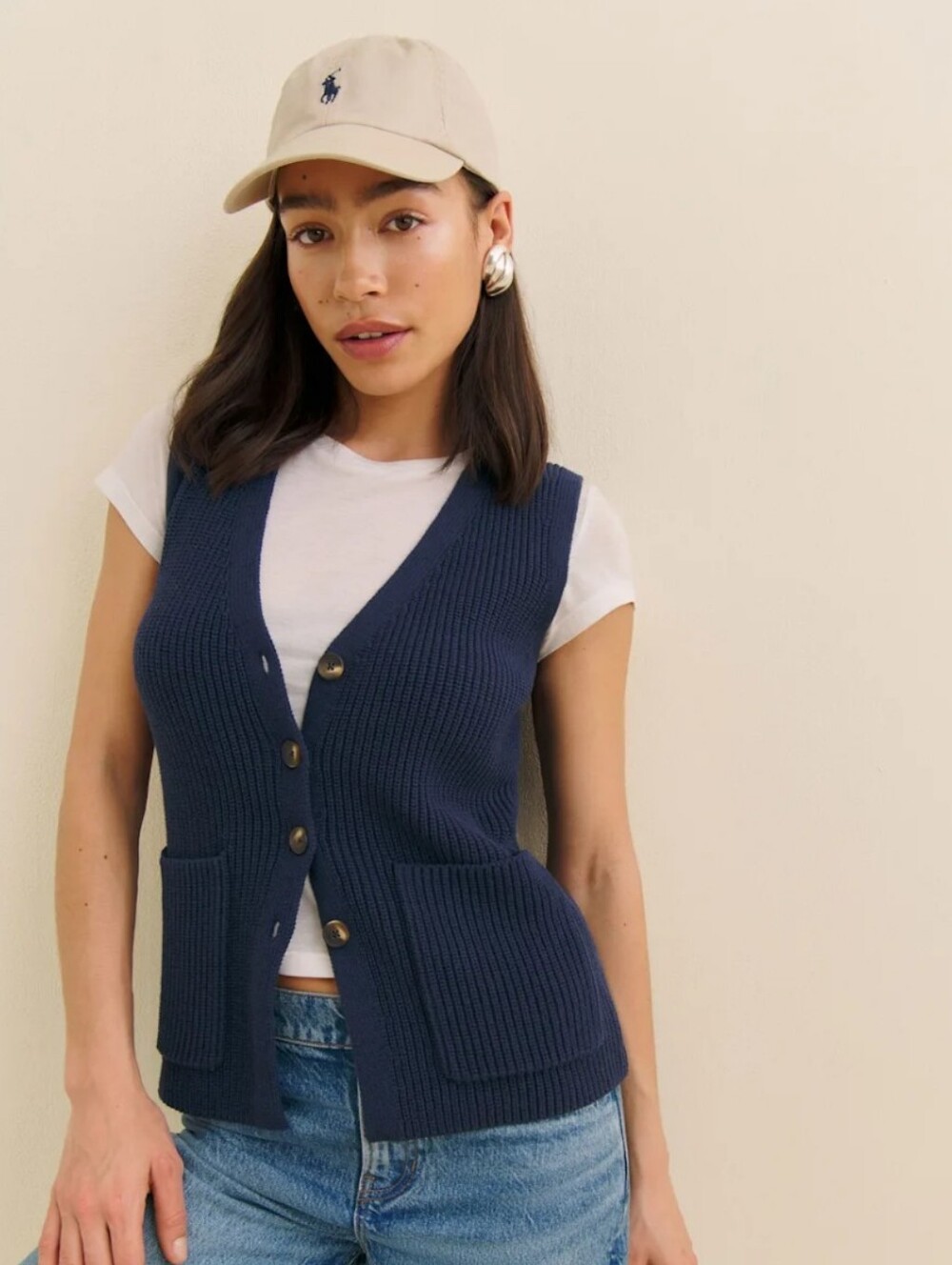 Reformation | Faye Cotton Sweater Vest | Navy | Large